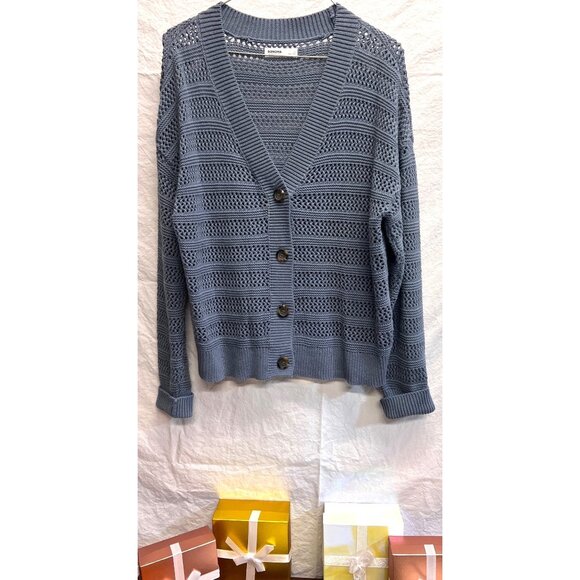 Sonoma Women’s Large Granite Blue Knit Button-Up Cardigan Sweater Cuff Sleeves - Picture 1 of 2